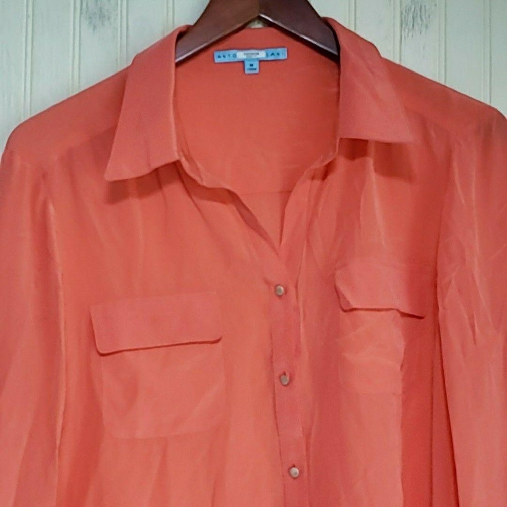 Antonio Melani Blouse Womens Medium Orange Collared Long Sleeve Tie Front Top